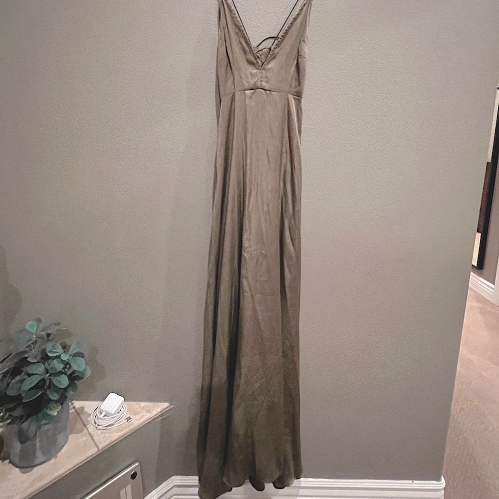 Pretty Little Things satin olive maxi dress